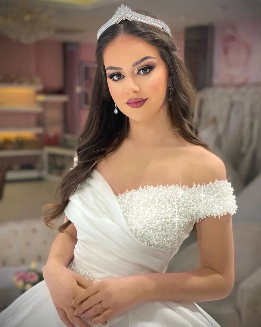 Princess Long White A-line Off-the-shoulder Wedding Dress With Pearls by misshow.com