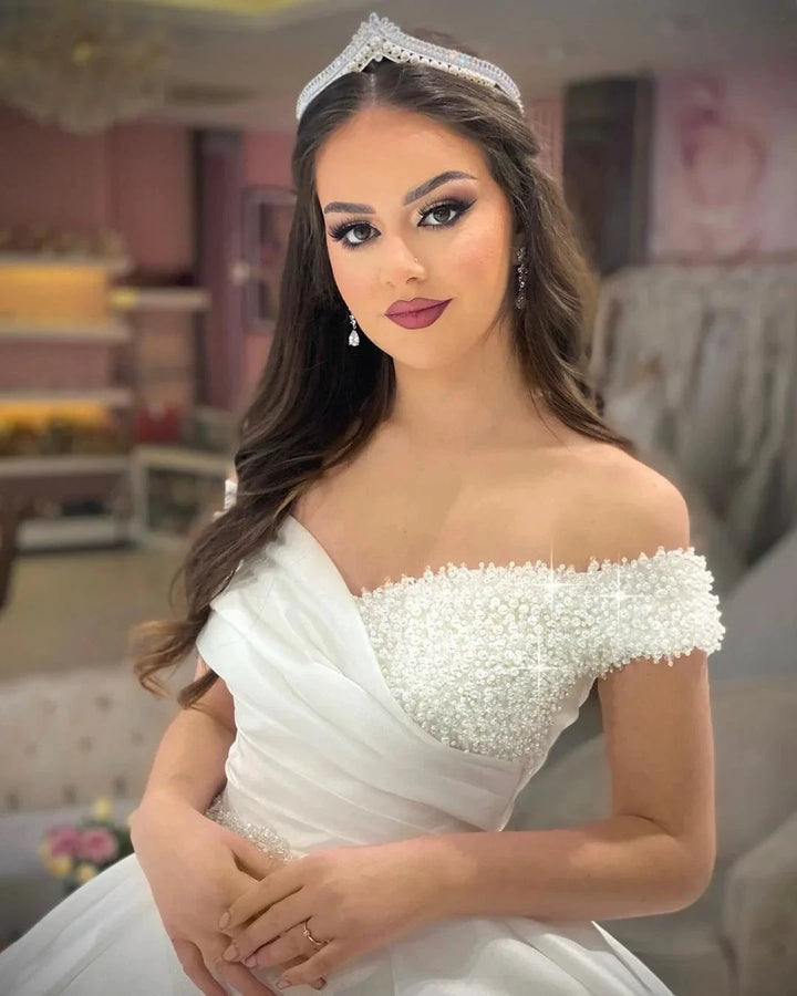 Princess Long White A-line Off-the-shoulder Wedding Dress With Pearls by misshow.com