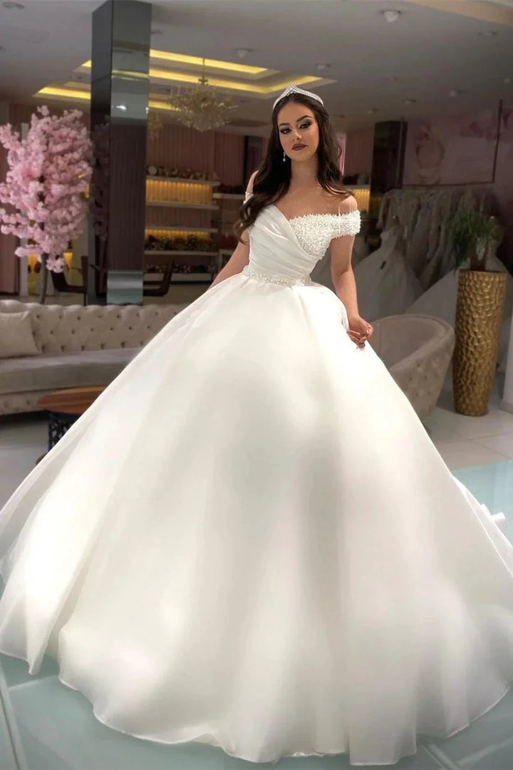 Princess Long White A-line Off-the-shoulder Wedding Dress With Pearls by misshow.com