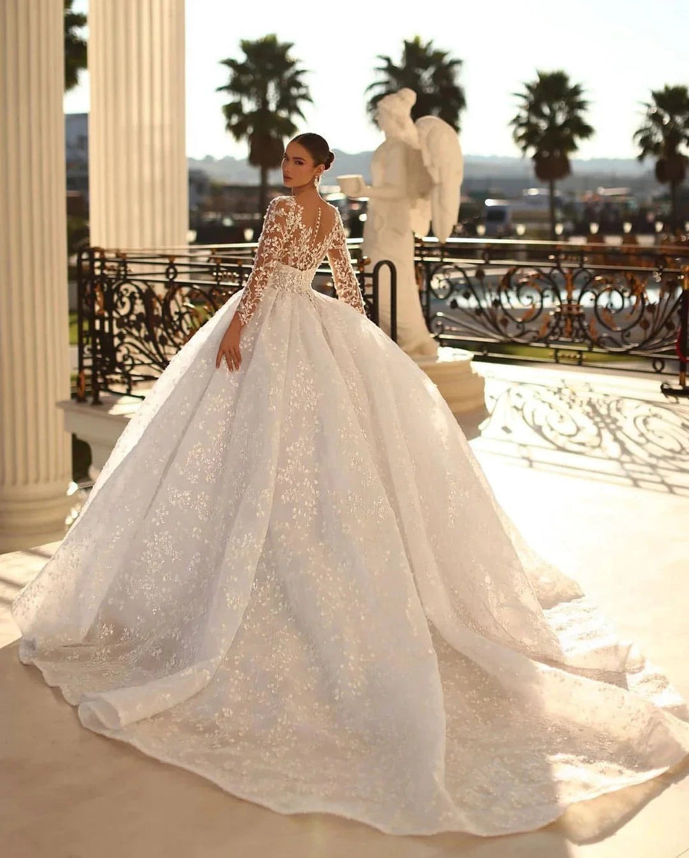 Princess Long White A-line V-neck Lace Wedding Dress With Long Sleeves by misshow.com