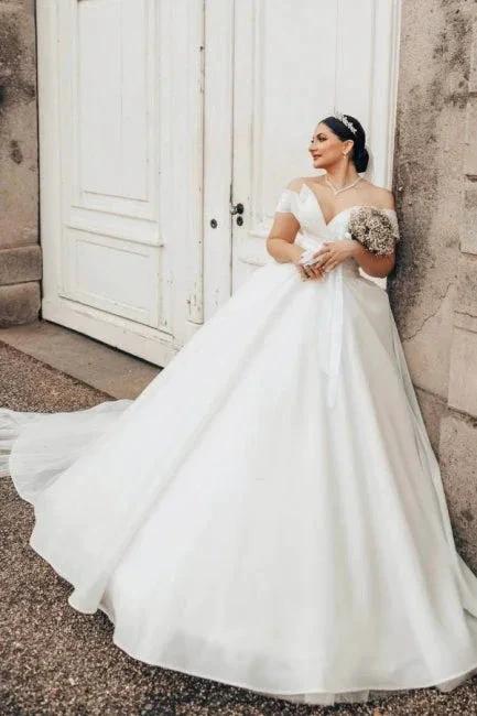 Princess Long White Off-the-shoulder A-line V-neck Organza Satin Wedding Dress by misshow.com