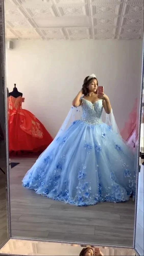 Light Blue Quinceanera Dresses Flowers Ball Gown Off Shoulder Lace Appliques 3d Floral Crystal Beads Long Sleeves Sweet 16 Dress Y759 by simplepromdress