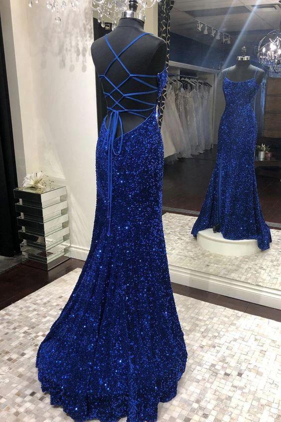 Mermaid Sequins Long Prom Dresses Blue Backless Evening Dresses Y1003 by simplepromdress