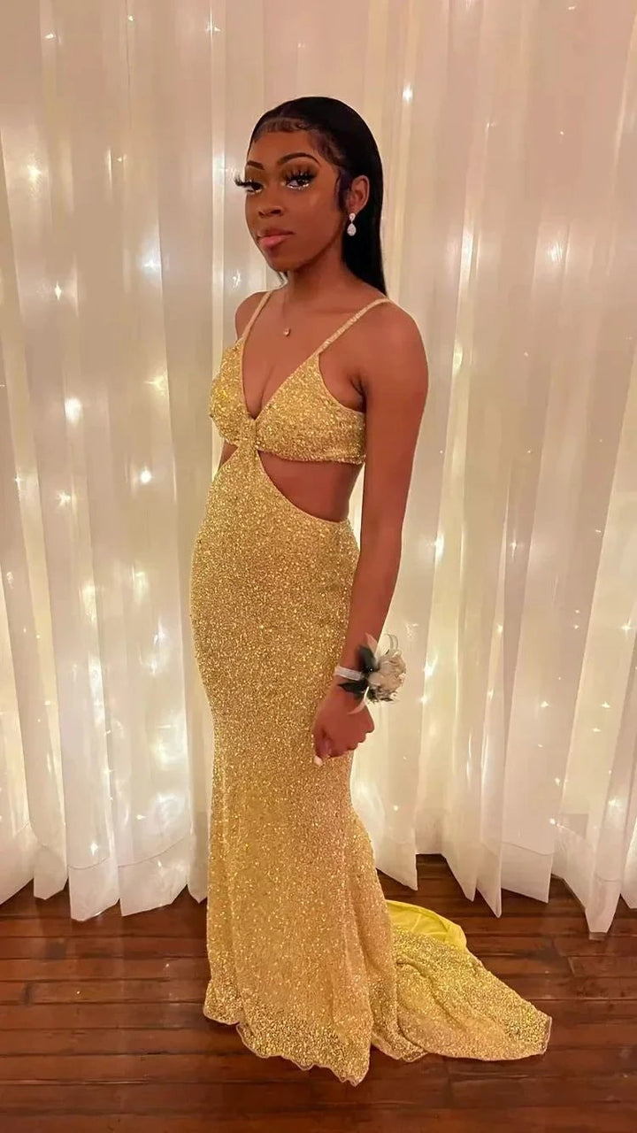 Sparkly Gold Sleeveless Mermaid Evening Dress Sexy Prom Dress For Black Girls Y813 by simplepromdress