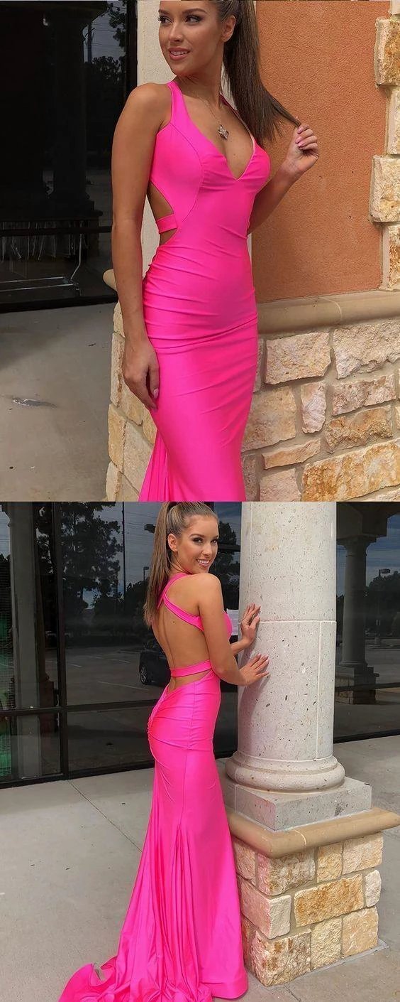 Hot Pink Halter Satin Mermaid Evening Dress Simple Long Prom Dress Y942 by simplepromdress