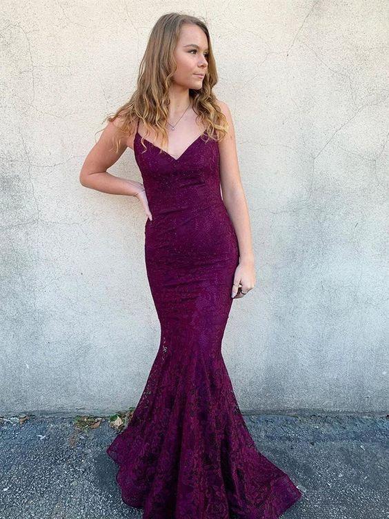 Mermaid Beaded Prom Dress Lace Maroon Long Evening Dresses Y935 by simplepromdress