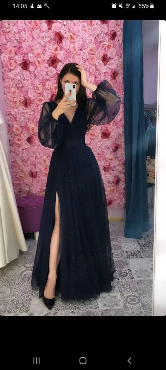 Women's Navy Blue Prom Dress With Puffy Sleeves,Elegant V Neck Long Evening Dress Y1083 by simplepromdress