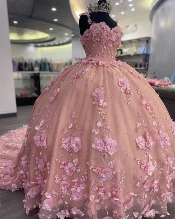 Luxurious Pink 3D Applique Ball Gown Princess Dress Sweet 16 Dress Y824 by simplepromdress