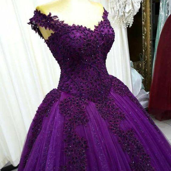 Charming A-line Purple Lace Tulle Prom Dress Sexy Evening Dress Y882 by simplepromdress