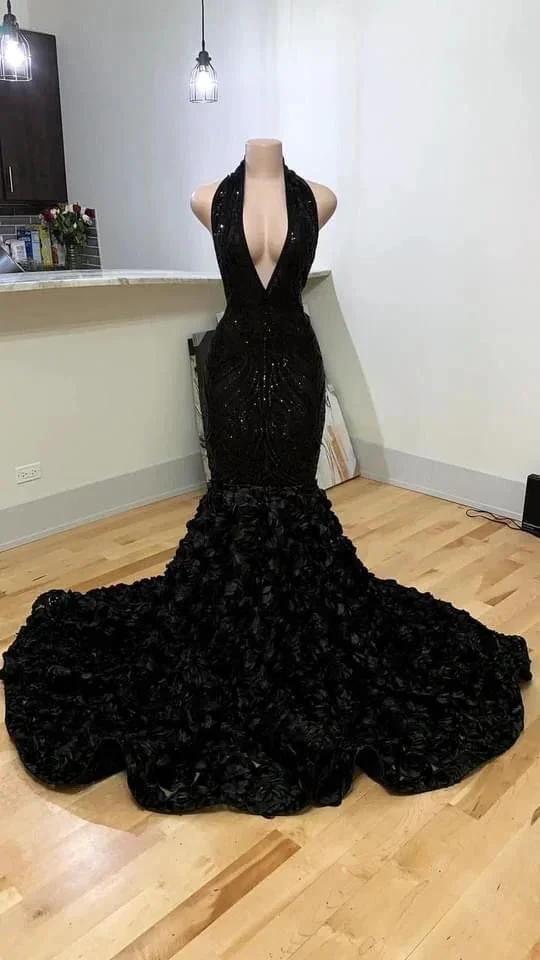 Black Halter Neck Mermaid Evening Dress With 3D Flower Sexy Formal Gown Y982 by simplepromdress