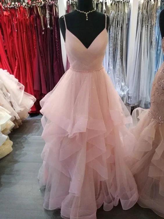 Romantic Pink Spaghetti Straps A-line Tiered Ruffles Prom Dress Glitter Pink Evening Dress Y1072 by simplepromdress