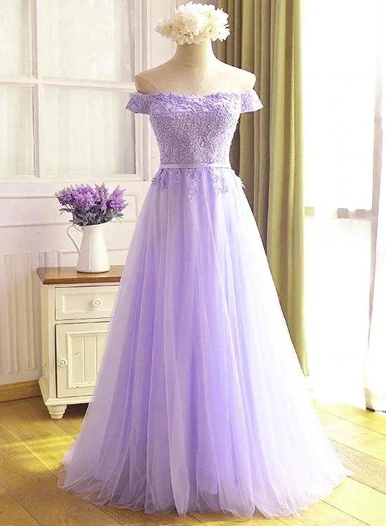 A-line Tulle Light Purple Off Shoulder Long Prom Dress Lace Applique Evening Dress Y918 by simplepromdress