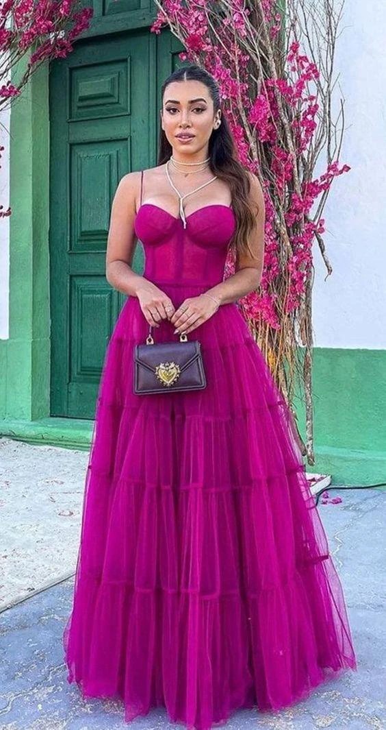 A-line Spaghetti Straps Tulle Prom Dress Elegant Evening Dress Y1073 by simplepromdress