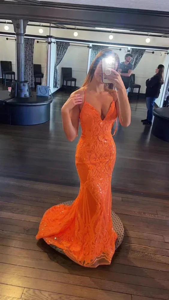 Orange Mermaid V Neck Spaghetti Straps Evening Dress Charming Prom Gown Y843 by simplepromdress