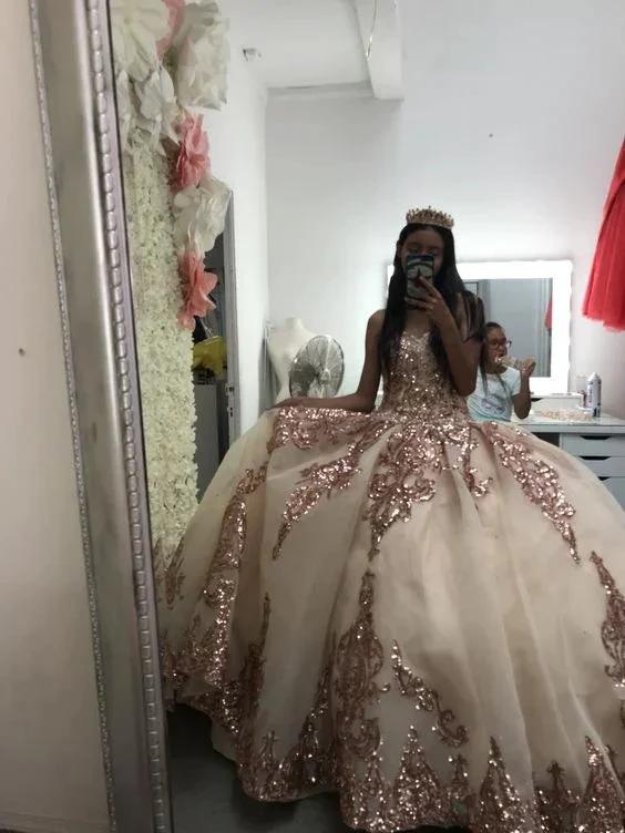 Rose Gold Sweetheart Puffy Princess Ball Gown Sweet 16 Dress Beaded Applique Quinceanera Dresses Y827 by simplepromdress