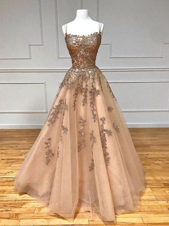 Champagne tulle lace long prom dress champagne evening dress Y920 by simplepromdress