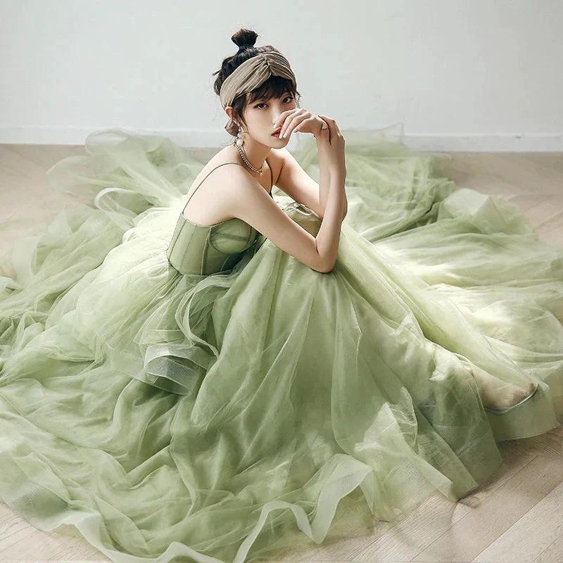 Straps sage green ball gown spring formal prom dress S21224 by simplepromdress