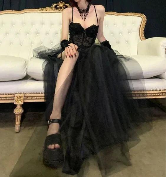 Gothic Black Spaghetti Straps Tulle Prom Dress,Charming Evening Dress Y1766 by simplepromdress