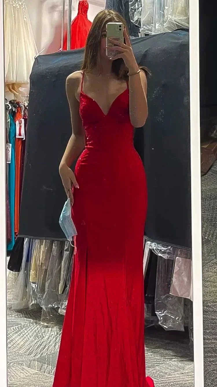 Red Spaghetti Straps Sheath Prom Dress,Red Evening Dress,Graduation Dress Y1835 by simplepromdress
