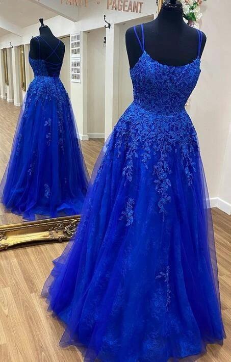 Blue Tulle Lace A-line Scoop Spaghetti Straps Prom Dresses, Evening Dress Y1816 by simplepromdress