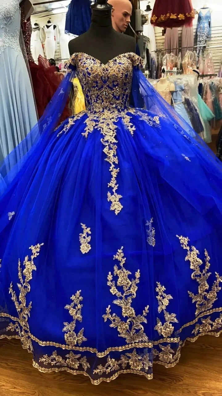 Royal Blue Tulle Ball Gown With Gold Lace Sweet 16 Dress Y530 by simplepromdress