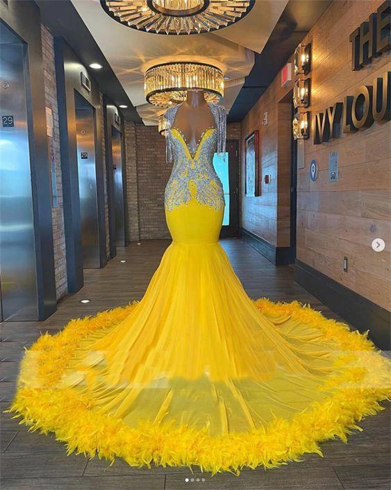 Sexy prom dresses, yellow prom dresses, feather prom dresses, crystal prom dresses, mermaid evening dresses Y546 by simplepromdress