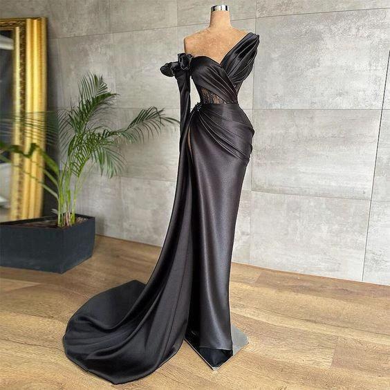 Black Satin Prom Dress Pleated Evening Gowns Dubai Party Dress Y664 by simplepromdress