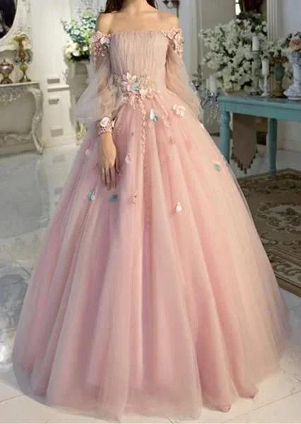 Long Sleeve Prom Dresses, Pearl Pink Ball Gown Long Floral Fairy Prom Dress S24387 by simplepromdress