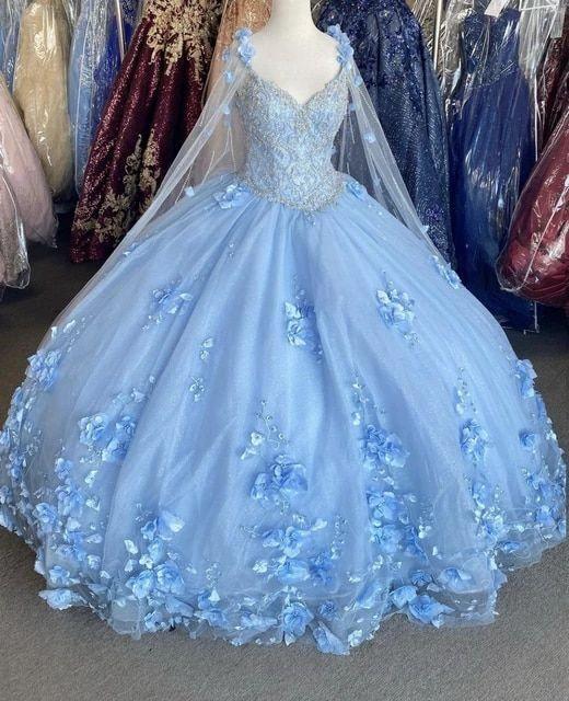 Blue flowers tulle ball gown , chic prom dress S26907 by simplepromdress