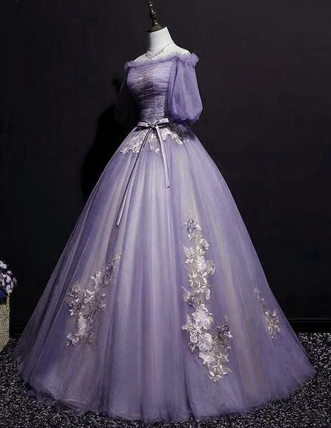 Charming Purple Short Sleeves Tulle Puffy Long Formal Dress Lovely Evening Dress Party Dress S26513 by simplepromdress