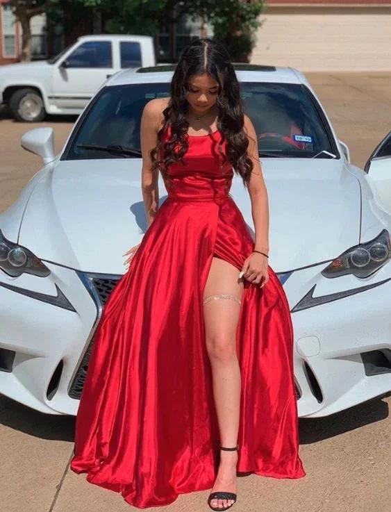 Red Satin Long Prom Gown Front Slit Evening Dresses Floor Length Prom Dresses S26169 by simplepromdress