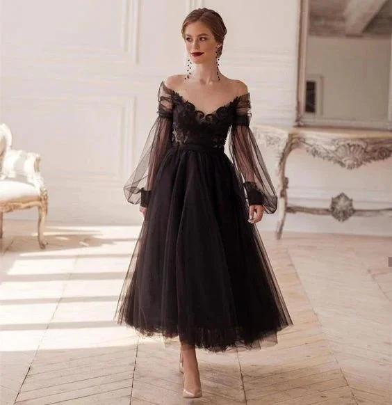 Elegant Black Illusion Full Sleeve V-Neck Lace Appliques Backless A-Line Ankle-Length Evening Dress S26660 by simplepromdress