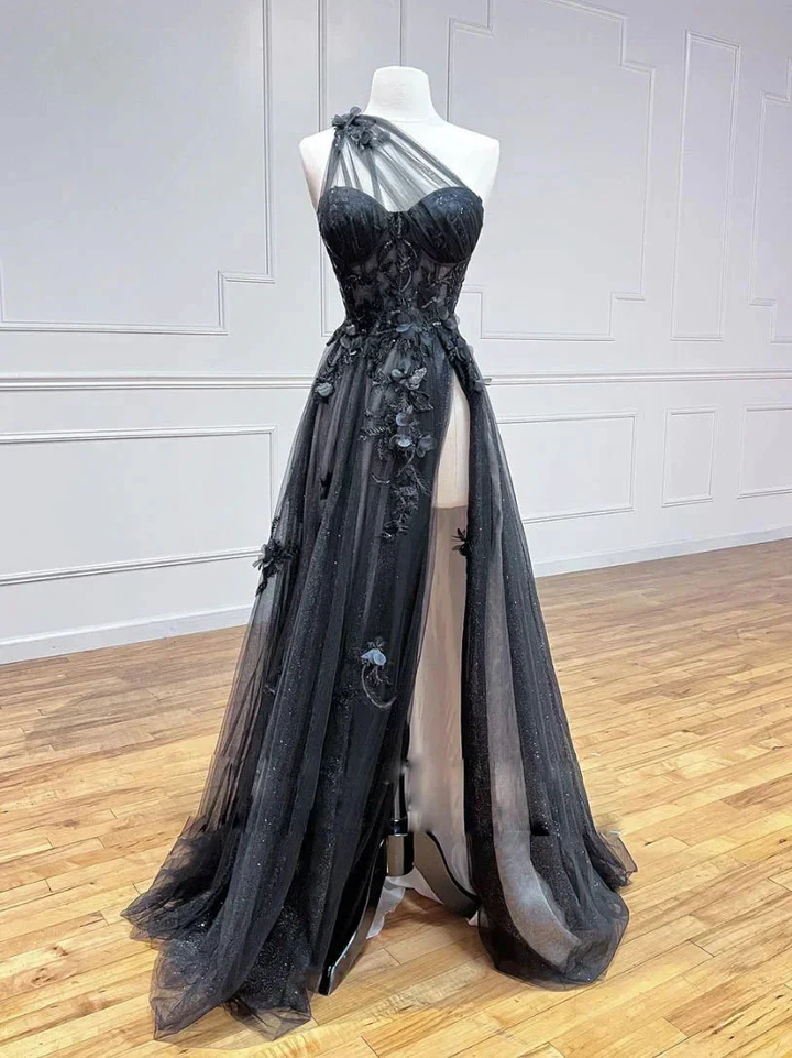 Black Tulle One Shoulder Long Prom Dress with Leg Slit Black Evening Gown Y1146 by simplepromdress