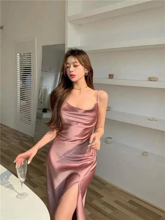 Elegant Spaghetti Strap Silk Side Slit Midi Semi Formal Dress,Sexy Slim Evening Dress For Women Y1197 by simplepromdress