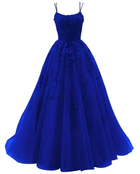 Spaghetti Strap Prom Dress Lace Appliques Wedding Tulle Long Dress Princess Formal Evening Gowns Y1202 by simplepromdress
