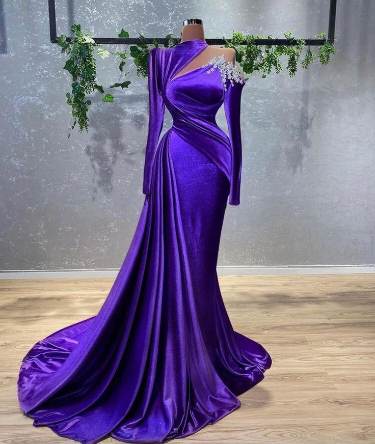 Glamorous Purple Velvet Evening Dress With Long Sleeves,Classy Purple Velvet Evening Gown Y729 by simplepromdress