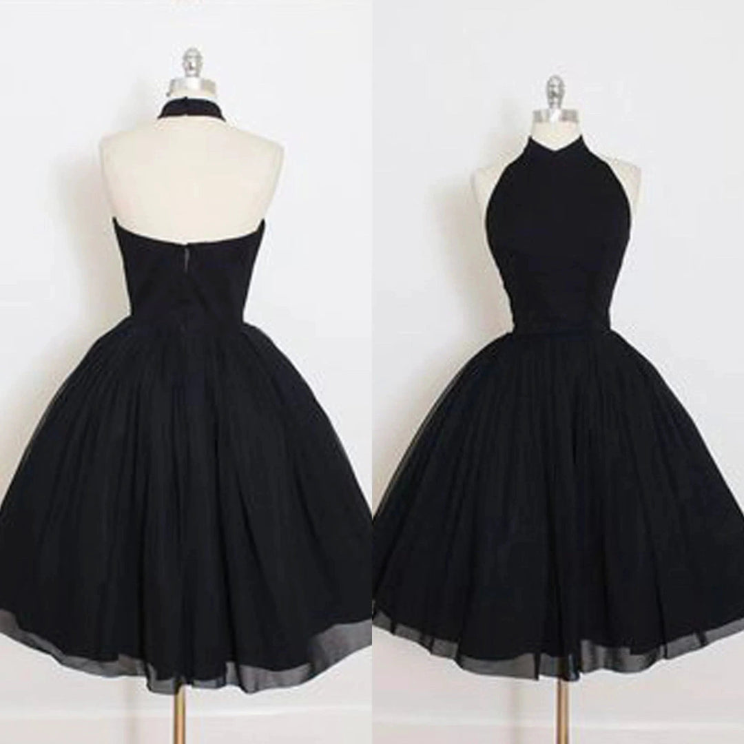 Black Halter A Line Sleeveless Tulle Ball Gown Mid Homecoming Dresses by Ombreprom