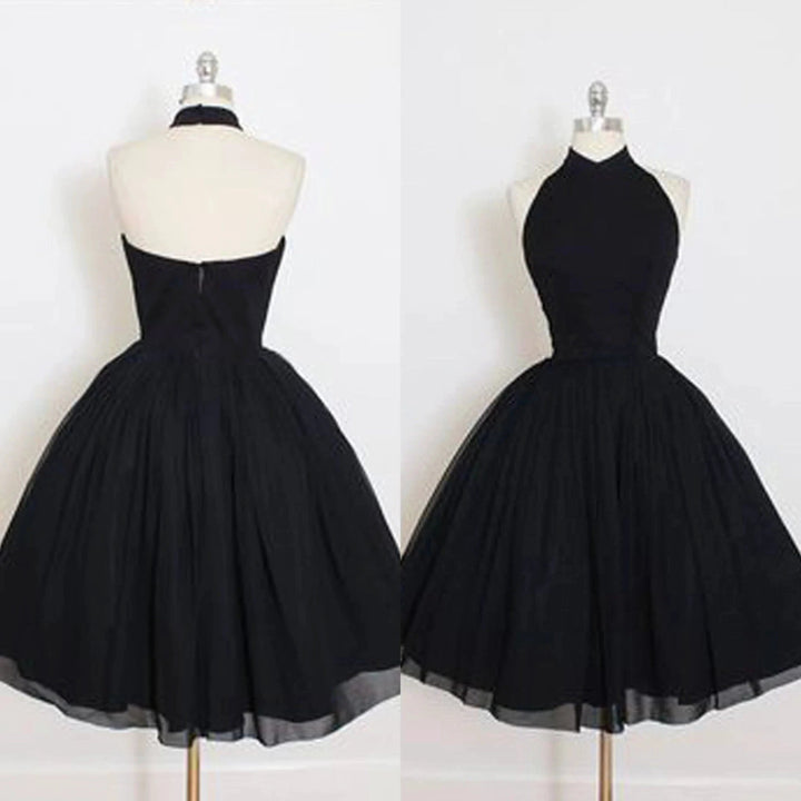 Black Halter A Line Sleeveless Tulle Ball Gown Mid Homecoming Dresses by Ombreprom