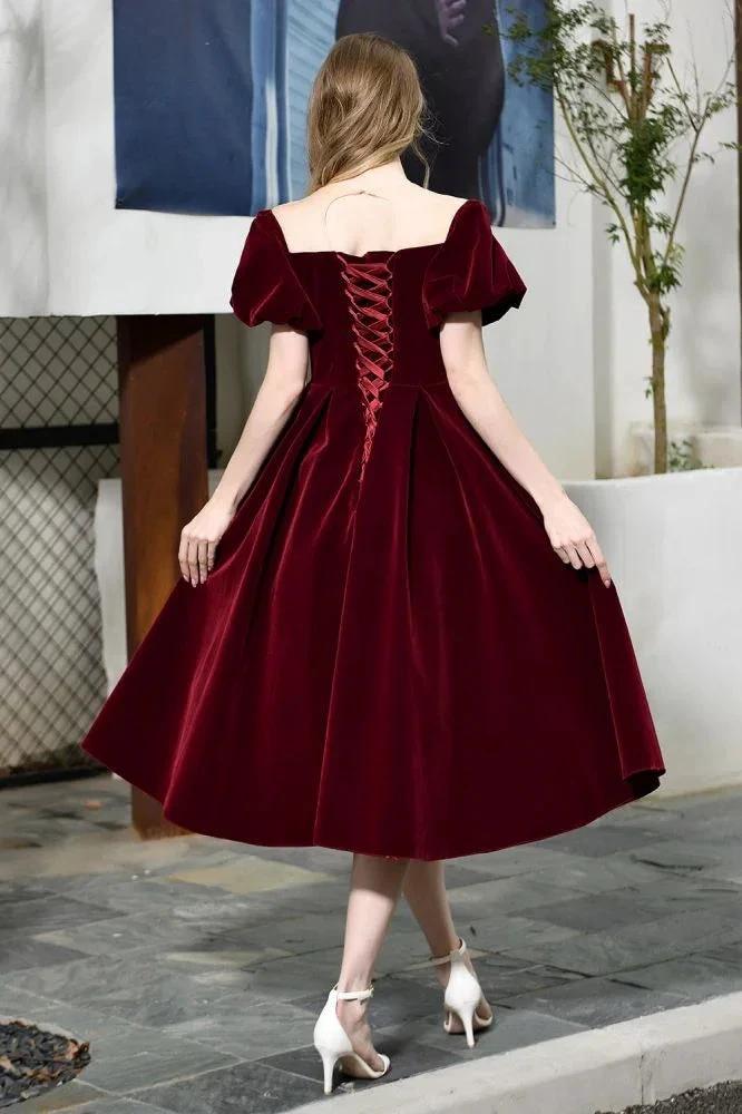 Puff Sleeve Ankle Length Velvet Daily Casual Dress Deep V-Neck Vintage Party Dress by misshow.com