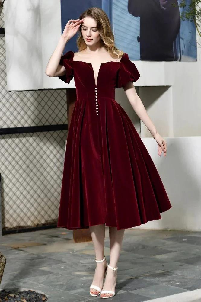 Puff Sleeve Ankle Length Velvet Daily Casual Dress Deep V-Neck Vintage Party Dress by misshow.com
