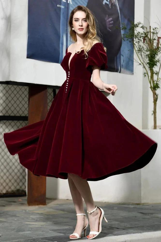 Puff Sleeve Ankle Length Velvet Daily Casual Dress Deep V-Neck Vintage Party Dress by misshow.com