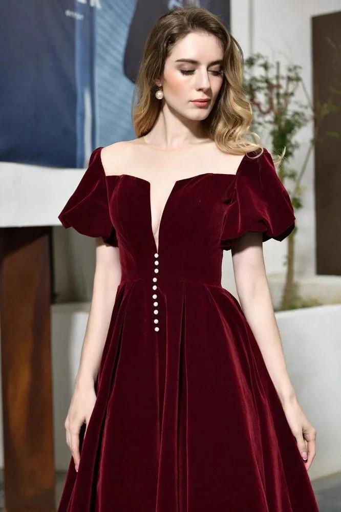 Puff Sleeve Ankle Length Velvet Daily Casual Dress Deep V-Neck Vintage Party Dress by misshow.com