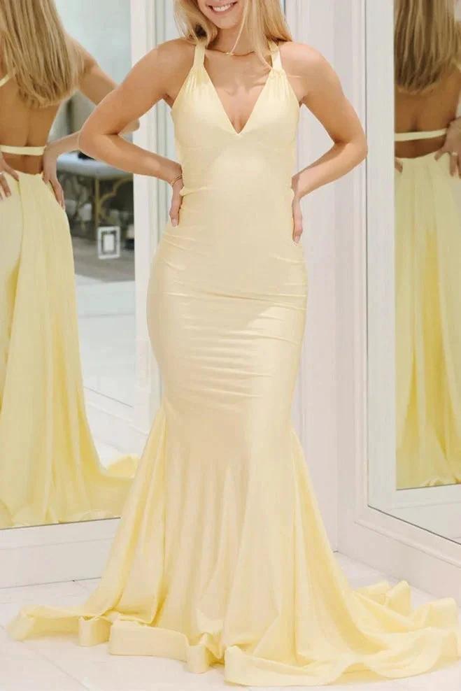 Quaylee | Yellow Mermaid V-Neck Satin Prom Dresses With Tail Evening Dress by KissProm