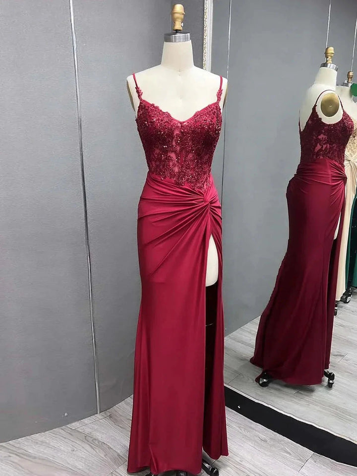 Rafenild | Green V Neck Beading Satin Long Slit Prom Dresses by KissProm