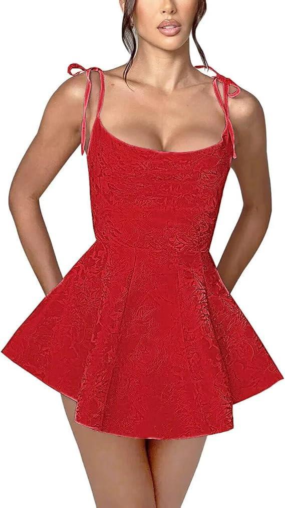 A-line Short Homecoming Dress Spaghetti Straps Satin Sleeveless Party Dress Jacquard Party Dresses by Biztunnel