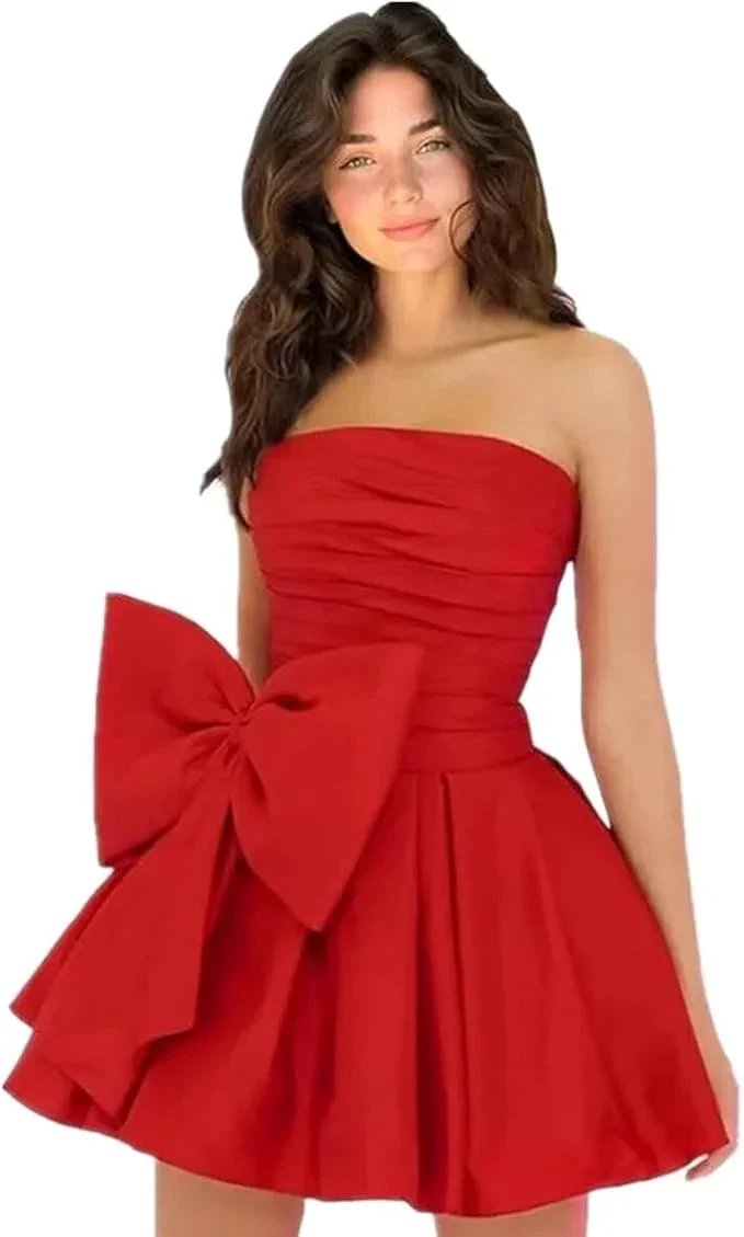 Chic Short Homecoming Dresses A-line Sleeveless Strapless Ruched Lace Up Party Dresses with Bow by Biztunnel