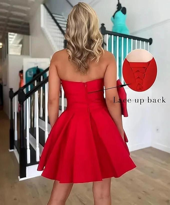 Chic Short Homecoming Dresses A-line Sleeveless Strapless Ruched Lace Up Party Dresses with Bow by Biztunnel