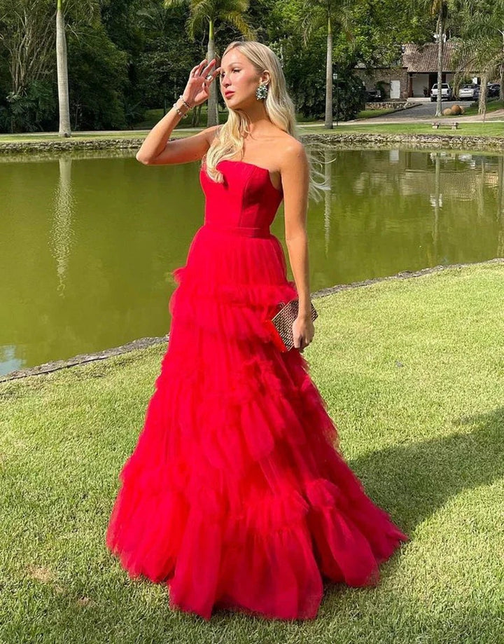 Matilda |Red A-Line Strapless Ruffled Tulle Evening Dress by KissProm