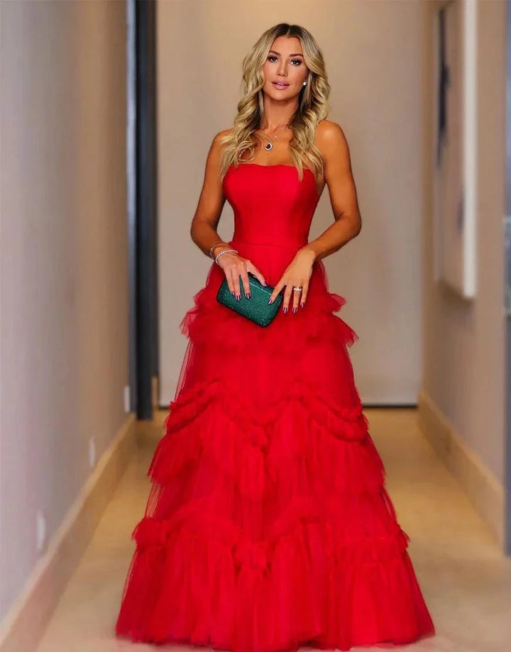 Matilda |Red A-Line Strapless Ruffled Tulle Evening Dress by KissProm