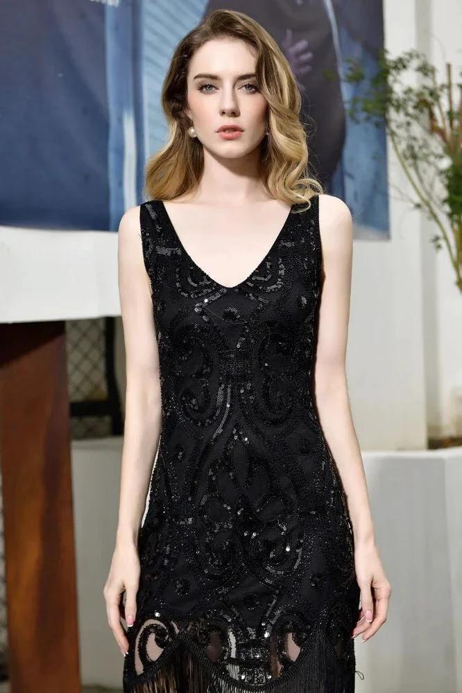 Retro Sparkly Sequins Slim Prom Dress Black V-Neck Sleeveless Flapper Roaring Party Dress by misshow.com